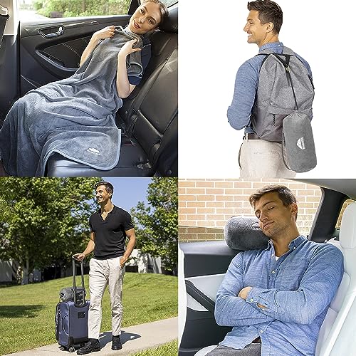  BlueHills Travel Blanket Pillow Rolled Premium Soft Plush Airplane Throw Traveling Essentials Compact In A Bag With Luggage Belt 70 X 48 Inches For Long Plane Flight Portable Lightweight Grey Gray R01