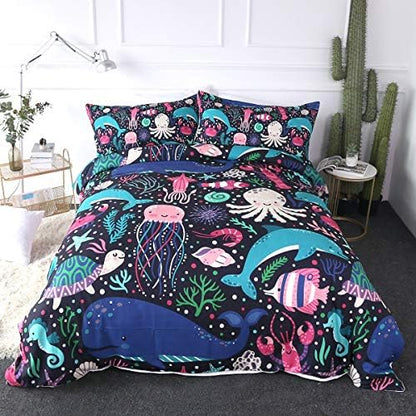  Honu Sea Turtle Bedding White Indigo Hawaiian Duvet Cover Turtles Bed Set Beach Theme Bed Spread For Summer (Queen)