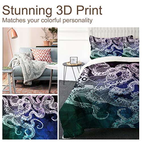  ARIGHTEX Ultra-Soft Micromink Sherpa Comforter Bed Set - 3D Lightweight, Fuzzy Duvet Blankets - Colorful, Polyester Filler Bedspreads With 2 Pillow Shams (Nautical Octopus, Queen)