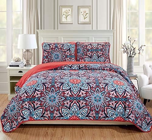  Linen Plus Over Size Quilted Bedspread Floral New (Turquoise, King/Cal King)