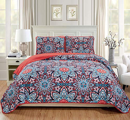  MK Home 3pc Full/Queen Oversized Quilted Bedspread Coverlet Set Floral Pink/Red Blue Light Pink New