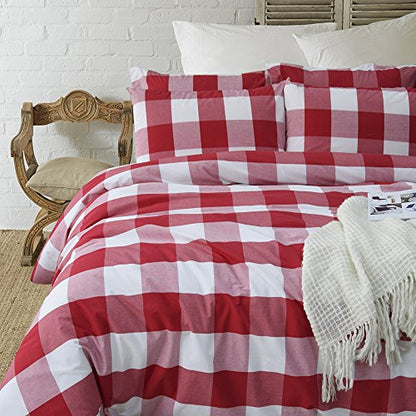  Cotton Duvet Cover Set, 100% Cotton Yarn Dyed Plaid Check Duvet Cover With 2 Pillowshams - Full/Queen Red