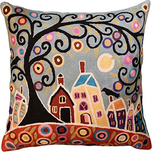  Kashmir Designs Turquoise Tree Of Life Throw Pillow Cover | Karla Gerard Bird Pillows | Blue Flower Pillows | Plant Floral Chair Cushion | Flower Couch Pillow | Hand Embroidered Wool Size - 18x18