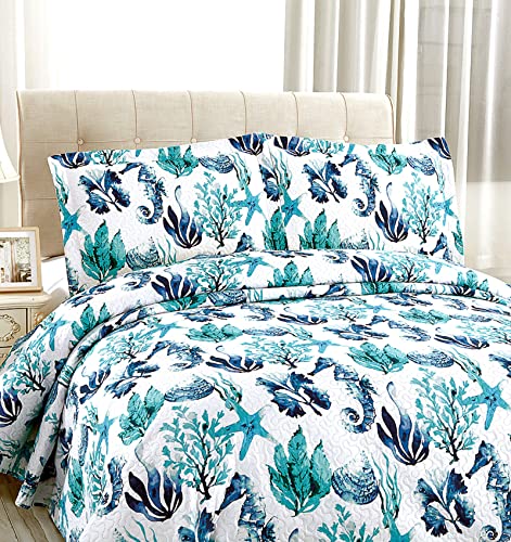  CHESITY 3-Piece Ocean Quilts Set Full/Queen Size Beach Bedspread Lightweight Coastal Bedding Reversible Bedding Cover Nautical Coverlet Set Seaweed Starfish Beach(90"x90")
