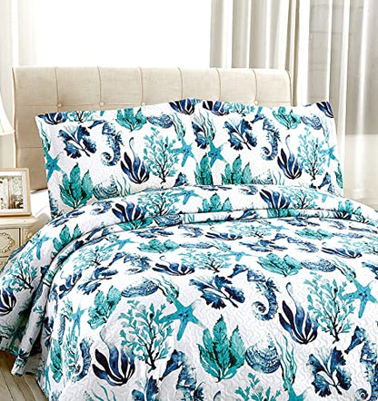  CHESITY 3-Piece Ocean Quilts Set Full/Queen Size Beach Bedspread Lightweight Coastal Bedding Reversible Bedding Cover Nautical Coverlet Set Seaweed Starfish Beach(90"x90")