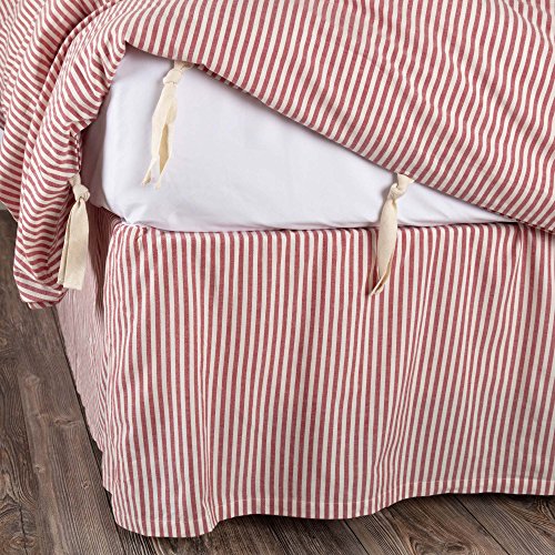  Farmhouse Ticking Stripe Red King Bed Skirt 78" X80", W/ 16" Drop, Tailored Dust Ruffle