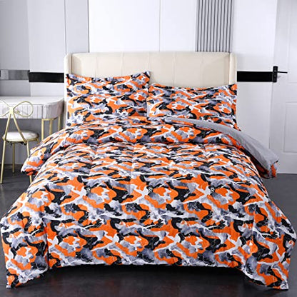  Camouflage Comforter Set For Boys Queen Size Bedding Sets Twin Size,7 Pieces Bed In A Bag For Kids Teens Adults, Marble Bedding Comforter Sheet Set,Orange