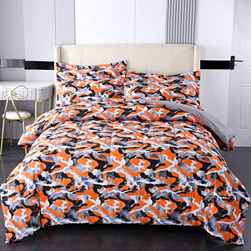  Camouflage Comforter Set For Boys Queen Size Bedding Sets Twin Size,7 Pieces Bed In A Bag For Kids Teens Adults, Marble Bedding Comforter Sheet Set,Orange