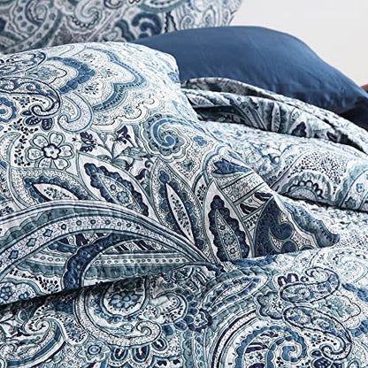  Autumn Dream Cotton Bedspread Quilt Sets, 3 Pieces Reversible Comforter Coverlet Sets,Blue Floral Paisley Bedspread,King Size