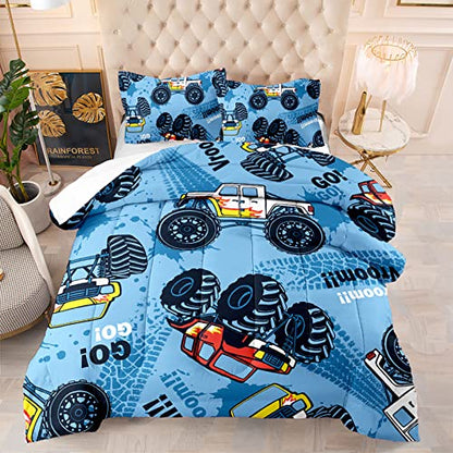  Cars Comforter Set, Giant Monster Pickup Truck Large Tires And Suspension Extreme Biggest Wheel Print, Twin Size Room Decorative 3 Piece Bedding Set With 2 Pillow Sham