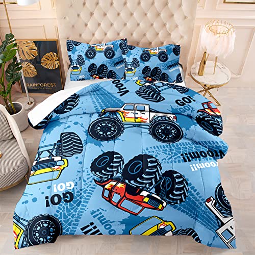  Cars Comforter Set, Giant Monster Pickup Truck Large Tires And Suspension Extreme Biggest Wheel Print, Twin Size Room Decorative 3 Piece Bedding Set With 2 Pillow Sham