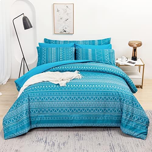  RYNGHIPY Striped Boho Bed Comforter Set Full Size Sage Green, 8Pcs Geometric Bohemian Bed In A Bag Down Alternative Comforter Bedding Set (Sage Green,Full Size)