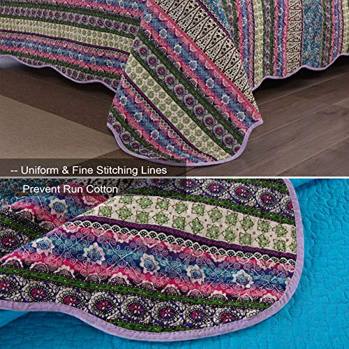  MaiuFun Cotton Bedspread Quilt Sets Queen/Full Size, Retro Blue/Purple Classical Striped Bohemian Floral Patchwork Patterns, 3-Piece Bedding Coverlet For All Season (1 Quilt + 2 Pillow Shams)