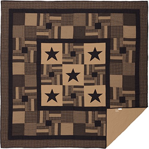  VHC Brands Black Check Star Queen Quilt 90Wx90L Country Rustic Primitive Design, Black And Tan