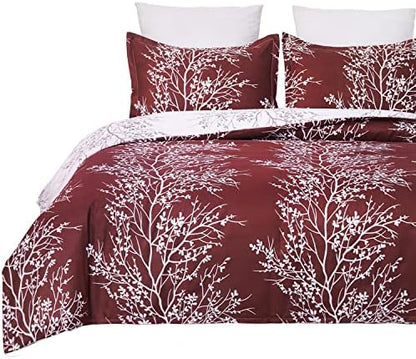  Lightweight Microfiber Duvet Cover Set, Grey And White Floral Branches Printed Pattern - King Size 3-Piece Set (1 Duvet Cover 2 Pillowcases)