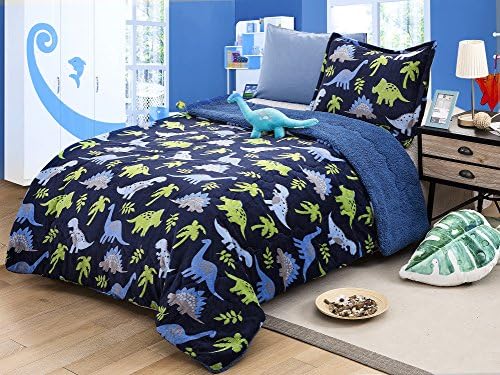  All American Collection New Super Soft And Warm 4 Piece Borrego/Sherpa Blanket With Pillow Sham And Cushion (Full, Dinosaur)