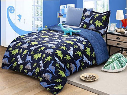  All American Collection New Super Soft And Warm 4 Piece Borrego/Sherpa Blanket With Pillow Sham And Cushion (Full, Dinosaur)