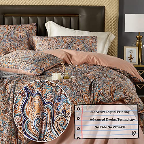  OranFran Gold Duvet Cover Set,5 PCS Medallion Paisley Print Comforter Cover Set,Bohemian Pattern Bedding Set,Vintage Style Flower Duvet Cover,Soft Reversible Design(Paisley,King/California King)