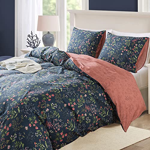  NEWLAKE Cotton Duvet Cover Queen Size - Soft Breathable Duvet Cover Set 3 Pieces With Zipper Closure, 1 Duvet Cover 90x90 Inches And 2 Pillow Shams, Navy Classic Floral Pattern