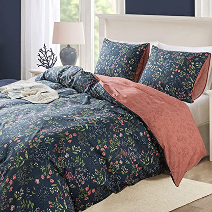  NEWLAKE Cotton Duvet Cover Queen Size - Soft Breathable Duvet Cover Set 3 Pieces With Zipper Closure, 1 Duvet Cover 90x90 Inches And 2 Pillow Shams, Navy Classic Floral Pattern