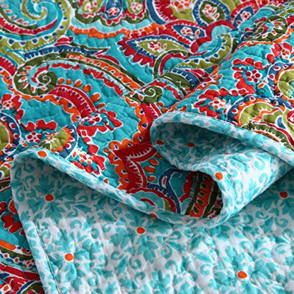 Cotton Quilt Set King Size,3 Pieces Reversible Bedspread Patchwork Bedding Set Teal Blue Floral Covetlet With 2 Pillow Cases For All Season King (94"×106")