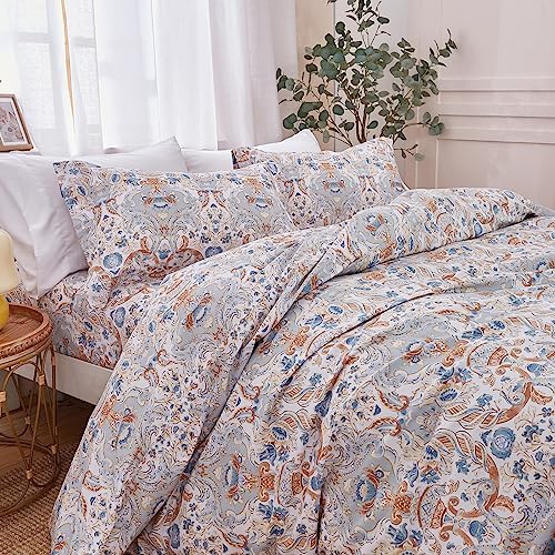  JSD 3 Piece Blush Floral Duvet Cover Set Queen, Soft Botanical Printed Microfiber Comforter Cover Zipper Closure Corner Ties