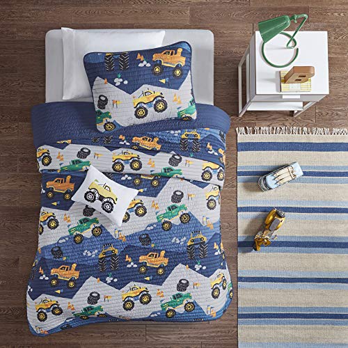  Mi Zone Kids Nash Reversible Quilt Set, Vibrant Fun Design, Lightweight All Season Children Bedding, Coverlet Bedspread, Boys Bedroom Décor, Full/Queen, Big Wheel Monster Trucks 4 Piece
