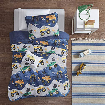  Mi Zone Kids Nash Reversible Quilt Set, Vibrant Fun Design, Lightweight All Season Children Bedding, Coverlet Bedspread, Boys Bedroom Décor, Full/Queen, Big Wheel Monster Trucks 4 Piece