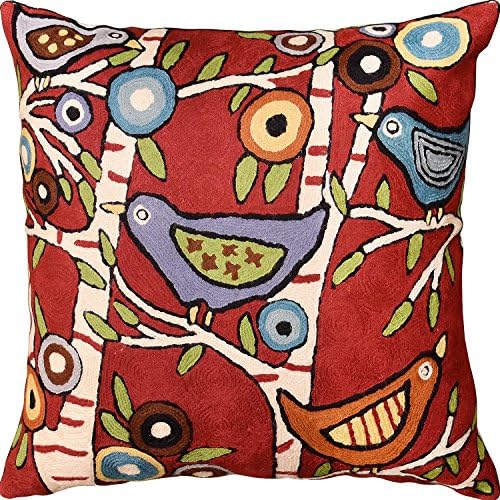  Kashmir Designs Turquoise Tree Of Life Throw Pillow Cover | Karla Gerard Bird Pillows | Blue Flower Pillows | Plant Floral Chair Cushion | Flower Couch Pillow | Hand Embroidered Wool Size - 18x18