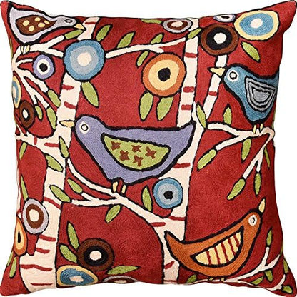  Kashmir Designs Turquoise Tree Of Life Throw Pillow Cover | Karla Gerard Bird Pillows | Blue Flower Pillows | Plant Floral Chair Cushion | Flower Couch Pillow | Hand Embroidered Wool Size - 18x18