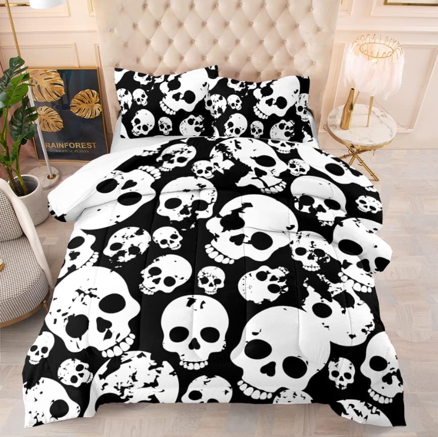  Zhh Death Moth Skull Duvet Cover 3Pcs Queen Size Black Gothic Bedding Soft Microfiber Fashion Printed Skeleton Comforter Cover (1 X Quilt Cover, 2 X Pillowcases)