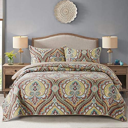  NEWLAKE Bohemian Floral Pattern Bedspread Quilt Set With Real Stitched Embroidery,Queen Size