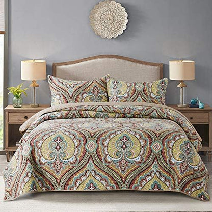  NEWLAKE Bohemian Floral Pattern Bedspread Quilt Set With Real Stitched Embroidery,Queen Size