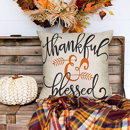  Rustic Autumn Fall Décor Thankful And Blessed Farmhouse Style Thanksgiving Day Decoration Cotton Linen Home Decorative Throw Pillow Case Cushion Cover With Words For Sofa Couch, 18" X 18"