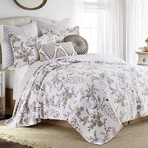 Levtex Home - Pisa Duvet Cover Set - Full/Queen Duvet Cover + Two Standard Pillow Cases - Floral Contemporary Peacock - Grey And Taupe - Duvet Cover (90 X 94in.) And Pillow Case (26 X 20in.) - Cotton