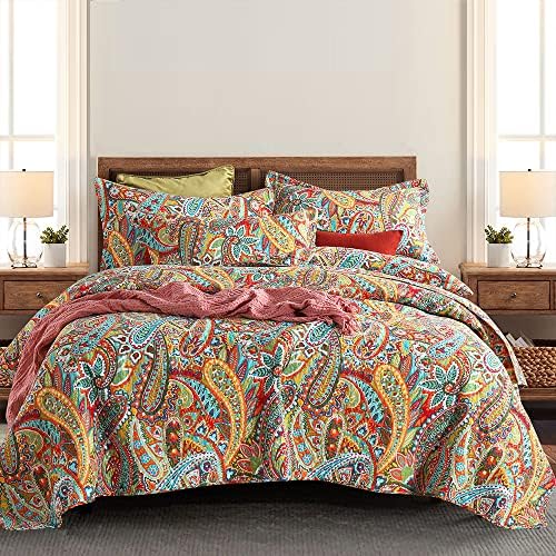  Autumn Dream Cotton Bedspread Quilt Sets, 3 Pieces Reversible Comforter Coverlet Sets,Blue Floral Paisley Bedspread,King Size