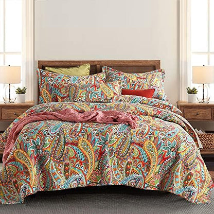 Autumn Dream Cotton Bedspread Quilt Sets, 3 Pieces Reversible Comforter Coverlet Sets,Blue Floral Paisley Bedspread,King Size
