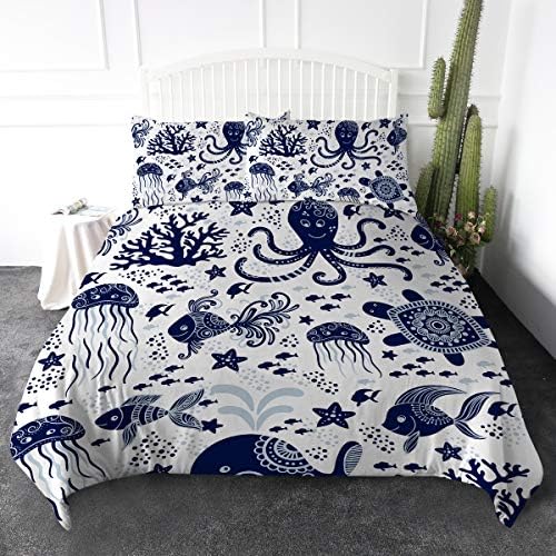  Honu Sea Turtle Bedding White Indigo Hawaiian Duvet Cover Turtles Bed Set Beach Theme Bed Spread For Summer (Queen)