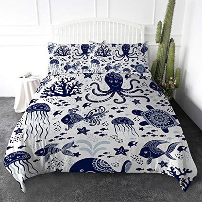  Honu Sea Turtle Bedding White Indigo Hawaiian Duvet Cover Turtles Bed Set Beach Theme Bed Spread For Summer (Queen)