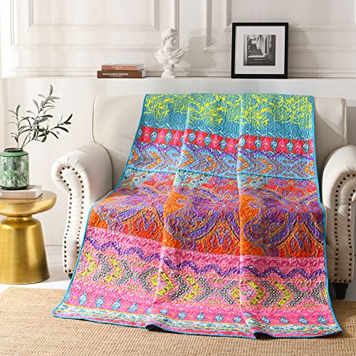 Quilt Throw Blanket - Lightweight Microfiber Pink And Blue Striped Floral Boho Quilts, Reversible Bohemian Quilt Bed Spread For Twin Bed And Couch, 59” X 79”