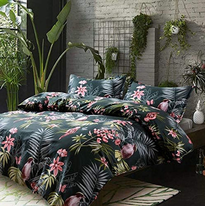  Eikei Palm Leaves Duvet Cover And Pillowcases Set Tropical Exotic Island Flowers Trees Branches Paradise Birds Bedding Jungle Plants Modern Botanical Print Long Staple Cotton (Pine Green, King)