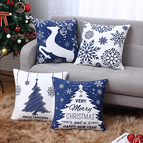  NANAN Christmas Pillow Covers 18X18 Inch Navy Blue Christmas Pillow Cases Snowflake Merry Christmas Holiday Pillowcases Xmas Trees Elk Deer Decorative Cushion Covers For Party Sofa Couch Set Of 4