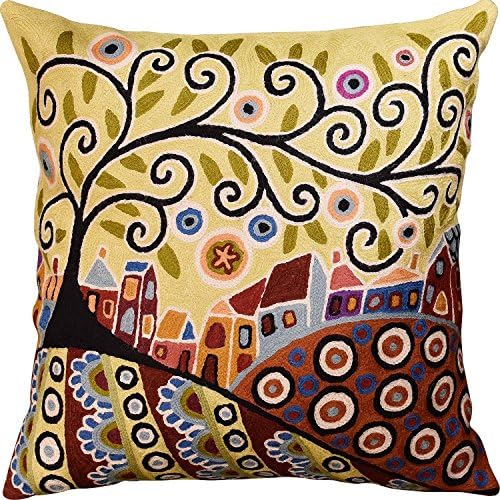  Kashmir Designs Turquoise Tree Of Life Throw Pillow Cover | Karla Gerard Bird Pillows | Blue Flower Pillows | Plant Floral Chair Cushion | Flower Couch Pillow | Hand Embroidered Wool Size - 18x18