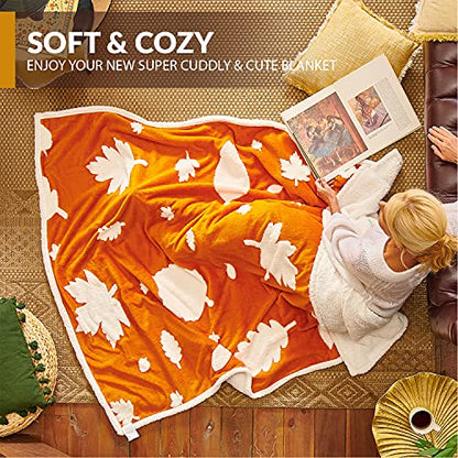  Fall Throw Blanket For Couch - 50x60 Burnt Orange - Soft Sherpa - Autumn Decorations For Home