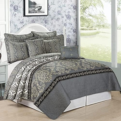  Home Soft Things Printed Microfiber 7 Piece Quilt Set Oversize 122" X 106" Bed Cover, Teal Aqua Gold Lightweight Reversible Bedspread Blanket Coverlet Bedding Set Thin Comforter, Mystic Teal