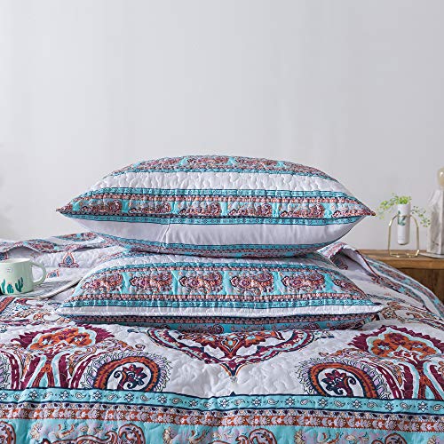  Hemian Reversible Cozy Paisley Floral Bedspread Set - Bright Buta Folky Vibrant Colorful Coverlet - Turquoise Blue Red Orange With White Background - Cal King - 3-Pieces
