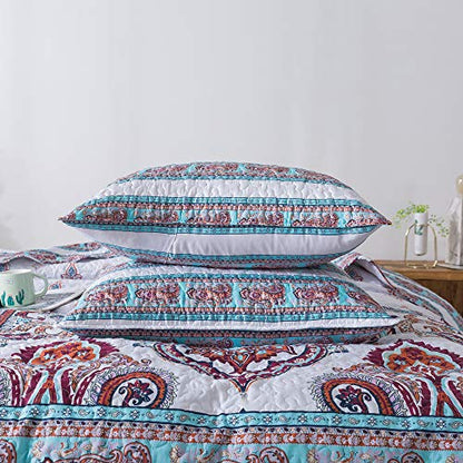  Hemian Reversible Cozy Paisley Floral Bedspread Set - Bright Buta Folky Vibrant Colorful Coverlet - Turquoise Blue Red Orange With White Background - Cal King - 3-Pieces