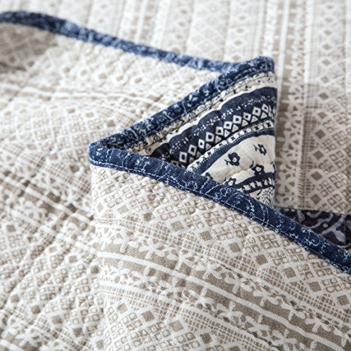  DaDa Bedding Denim Blue Elegance Patchwork Floral Bedspread Set - 100% Cotton Boho Chic Lightweight Quilted Coverlet - Striped Paisley Medallion Squares Multi Colorful Ivory Navy - King - 3-Pieces