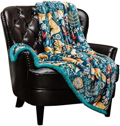  Chanasya Gold Fox Print Fleece Throw Blanket - Cozy And Warm, Cute Design, Super Soft, Plush And Fluffy Sherpa - Adult, Boy And Girl, Kids, Toddler, Baby Blanket Gift (50x65 Inches) Teal Blue