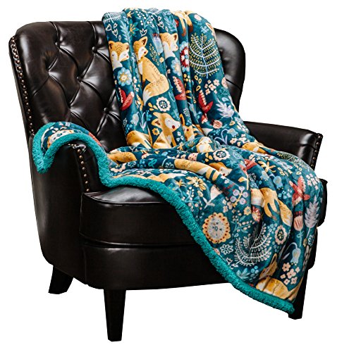  Chanasya Gold Fox Print Fleece Throw Blanket - Cozy And Warm, Cute Design, Super Soft, Plush And Fluffy Sherpa - Adult, Boy And Girl, Kids, Toddler, Baby Blanket Gift (50x65 Inches) Teal Blue